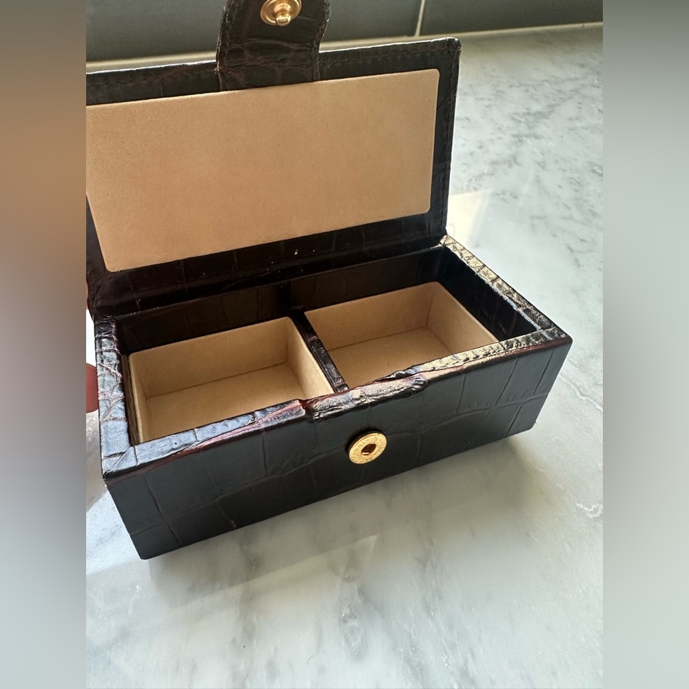 Smythson Dark Brown Croc-Embossed Jewelry Box with Gold Hardware